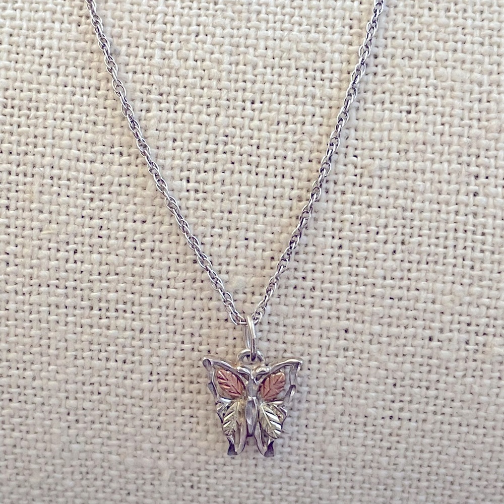 New Black Hills Gold Sterling Silver Butterfly Necklace 12k Gold Rose Gold